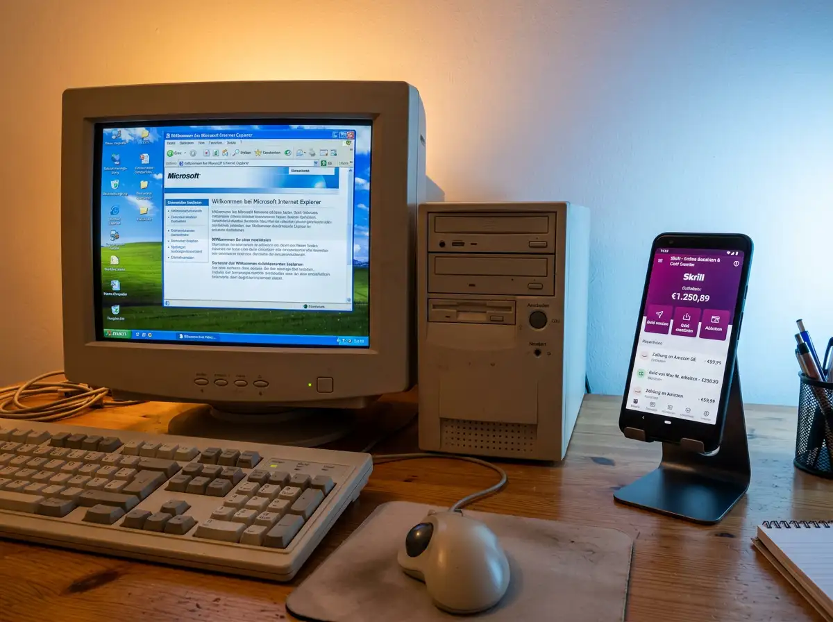 Alter Desktop-Computer neben einem modernen Smartphone mit Skrill-App als Zeitvergleich