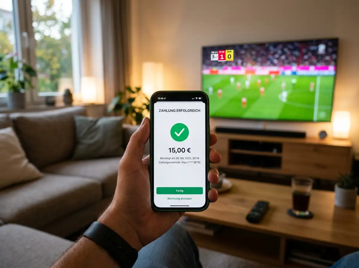 Smartphone mit Skrill-App und hervorgehobenem 1-Tap-Button auf einem Holztisch