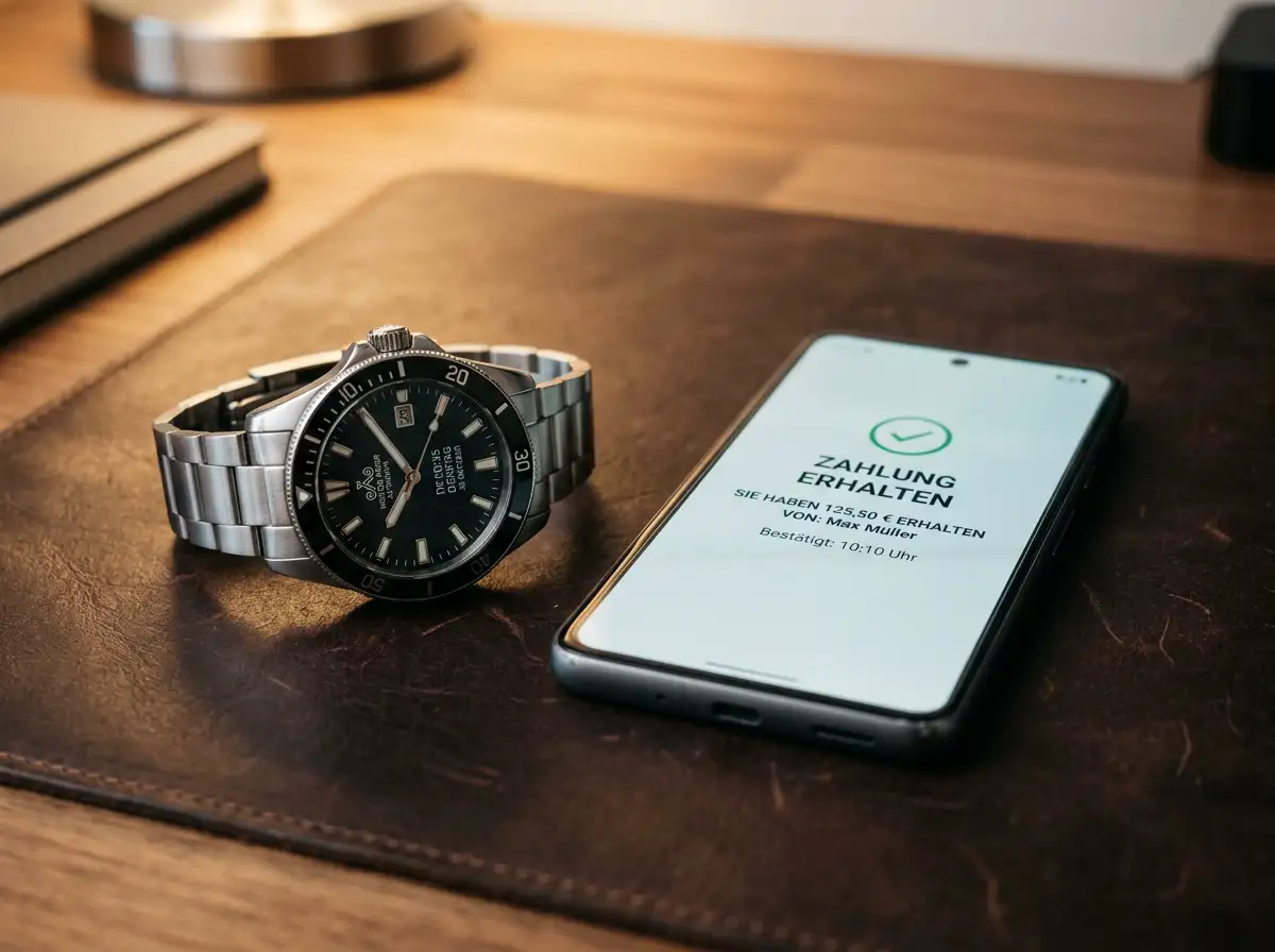 Armbanduhr neben einem Smartphone mit einer Skrill-Transaktionsbestätigung auf dem Display