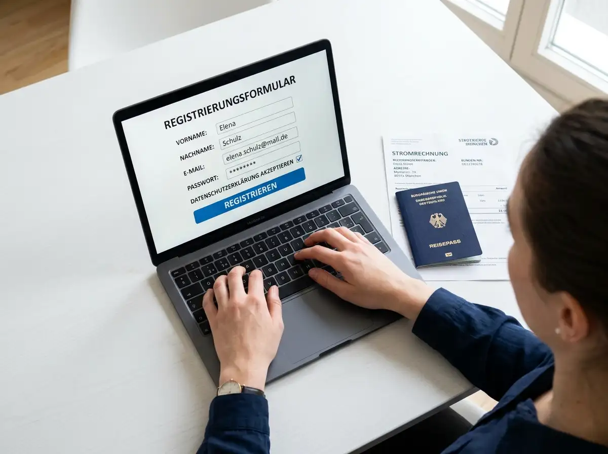 Person tippt auf einem Laptop die Registrierungsseite von Skrill mit Dokumenten daneben