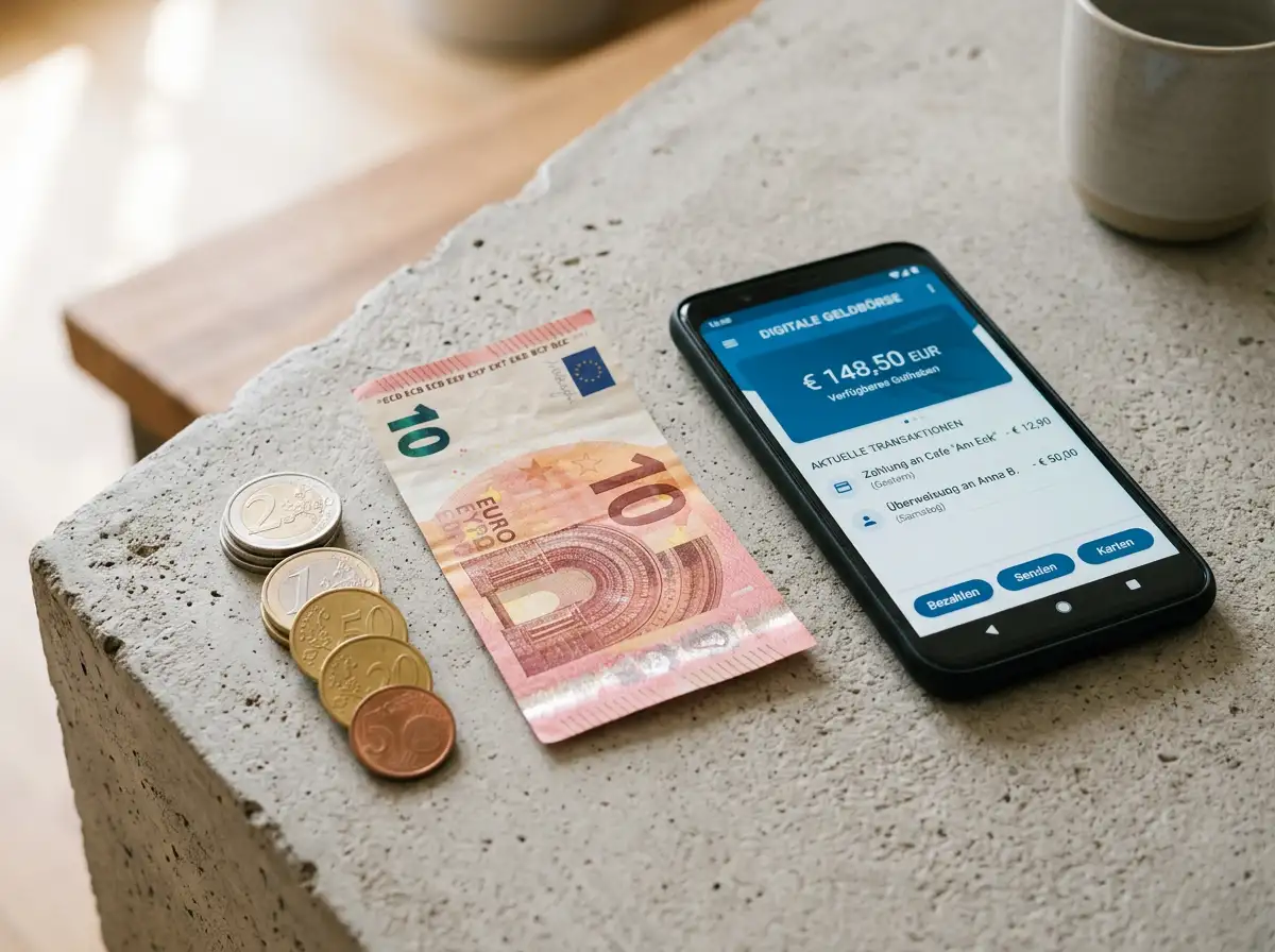 Nahaufnahme von Euro-Münzen und einem Smartphone mit Skrill-App auf einem Schreibtisch