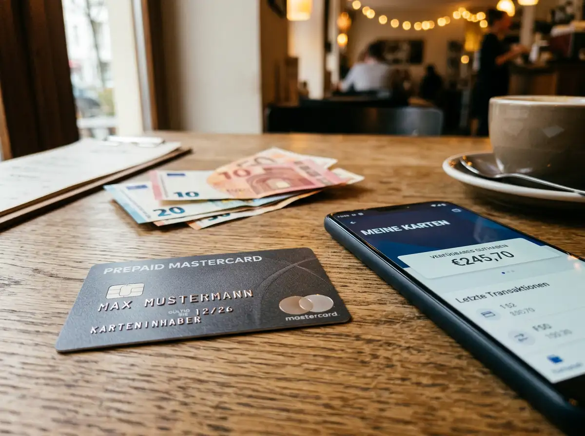 Skrill Prepaid Mastercard auf einem Holztisch neben einem Geldautomaten-Beleg und einem Smartphone