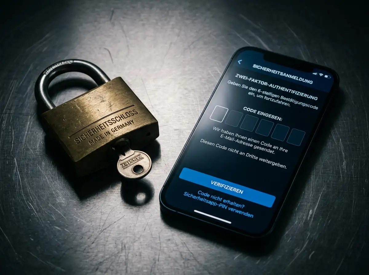 Vorhangschloss-Symbol neben einem Smartphone mit Skrill-Anmeldebildschirm auf einem Schreibtisch