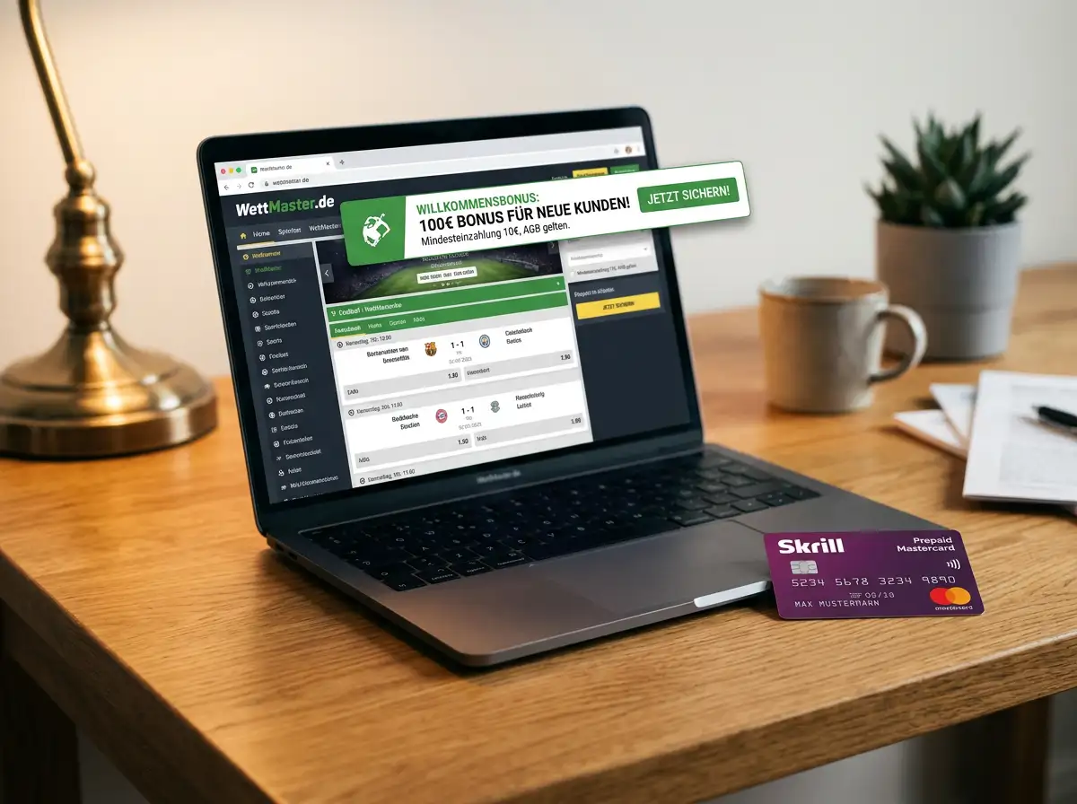 Laptop mit geöffnetem Wettanbieter-Konto und Skrill-Logo auf dem Bildschirm neben einer Tasse Kaffee
