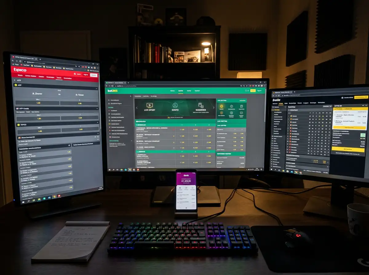 Mehrere Bildschirme mit verschiedenen Sportwetten-Quoten und Skrill-Wallet in der Mitte