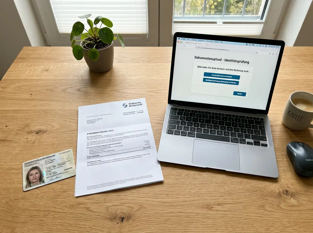 Personalausweis und Versorgerrechnung neben einem Laptop mit geöffneter Skrill-Verifizierungsseite