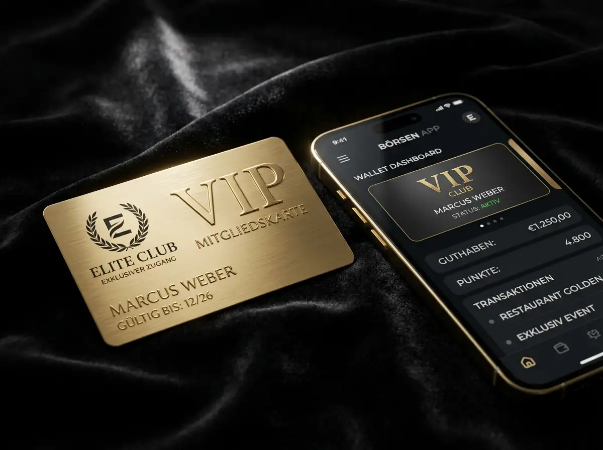 Goldene VIP-Karte neben einem Smartphone mit Skrill-App auf einem eleganten dunklen Untergrund